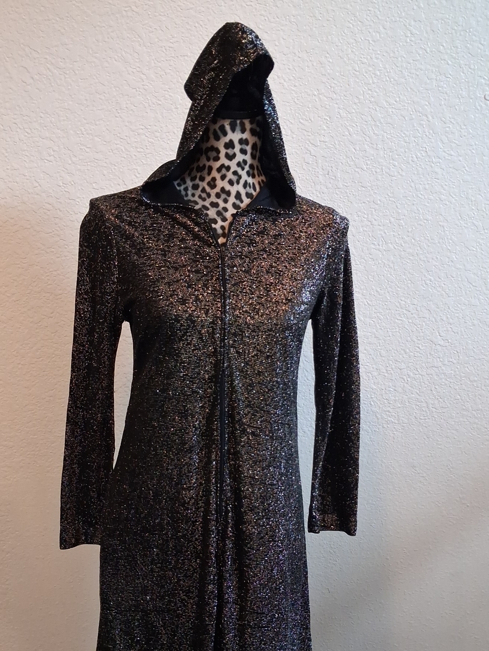 Sparkle Hooded Zip-Front Duster-Over Dress. Black Gold-Silver Glitter.  (S)